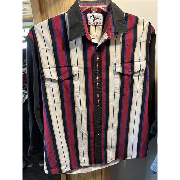 Roper Sport VTG Men’s L Red Striped Long Sleeve Pearl Snap Cotton Western Shirt - Picture 11 of 11